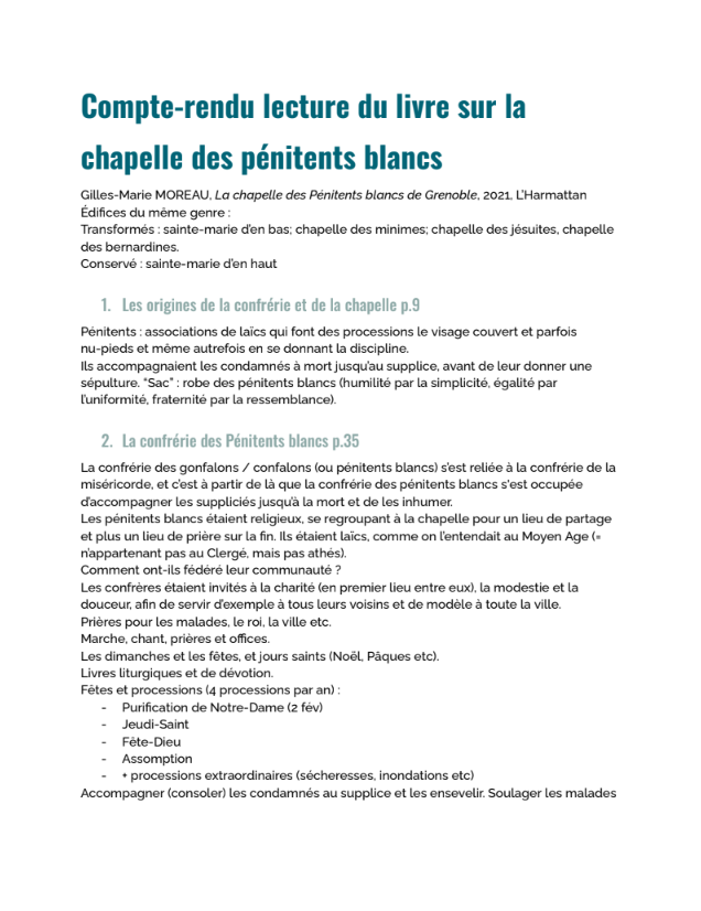 Compte rendu lecture livre chapelle des pénitents blancs 1/2